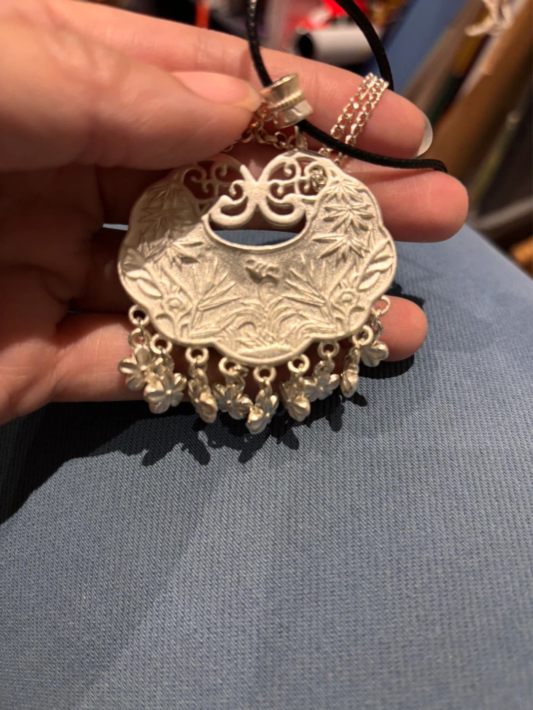 Chinese Lock Pendant Necklace with Floral Embroidery - photo 2