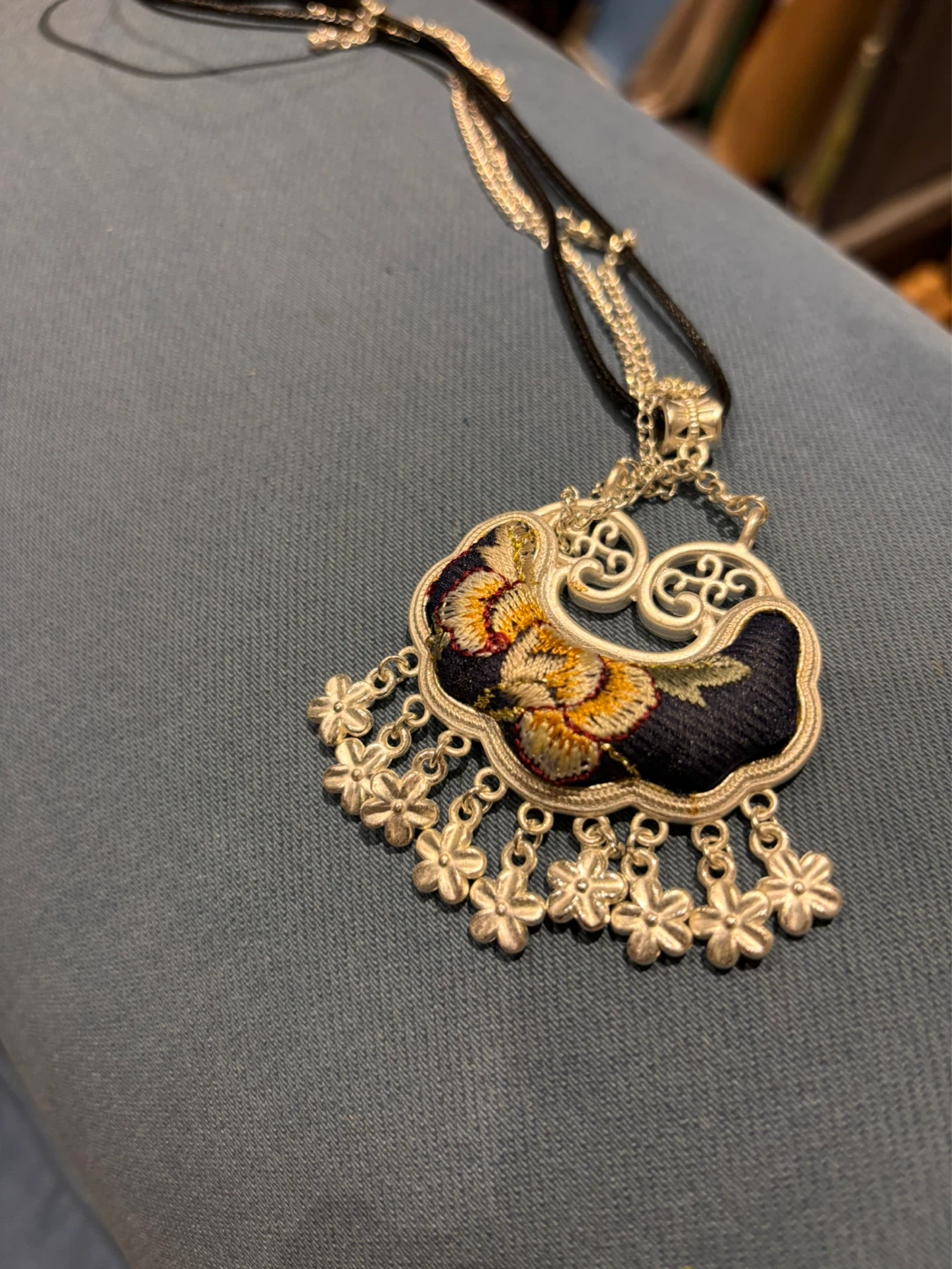 Chinese Lock Pendant Necklace with Floral Embroidery