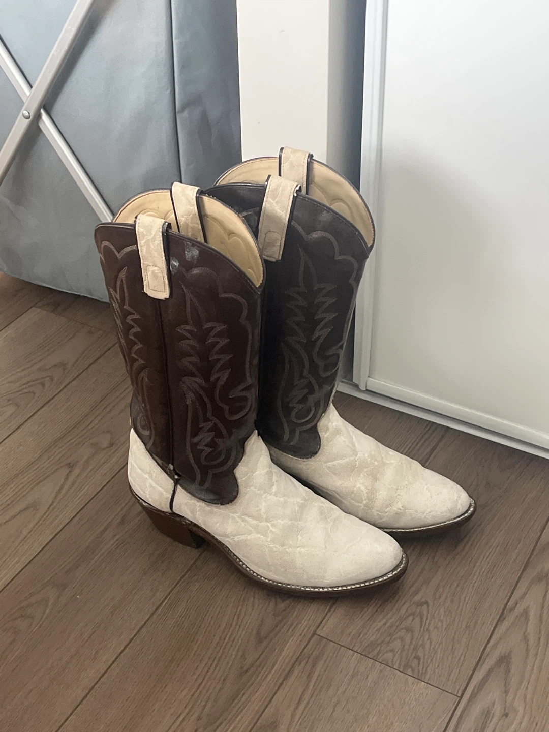 Brown and white cowboy boots