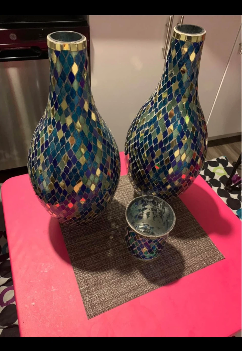 Mosaic Glass Vases and Candle Holder Set