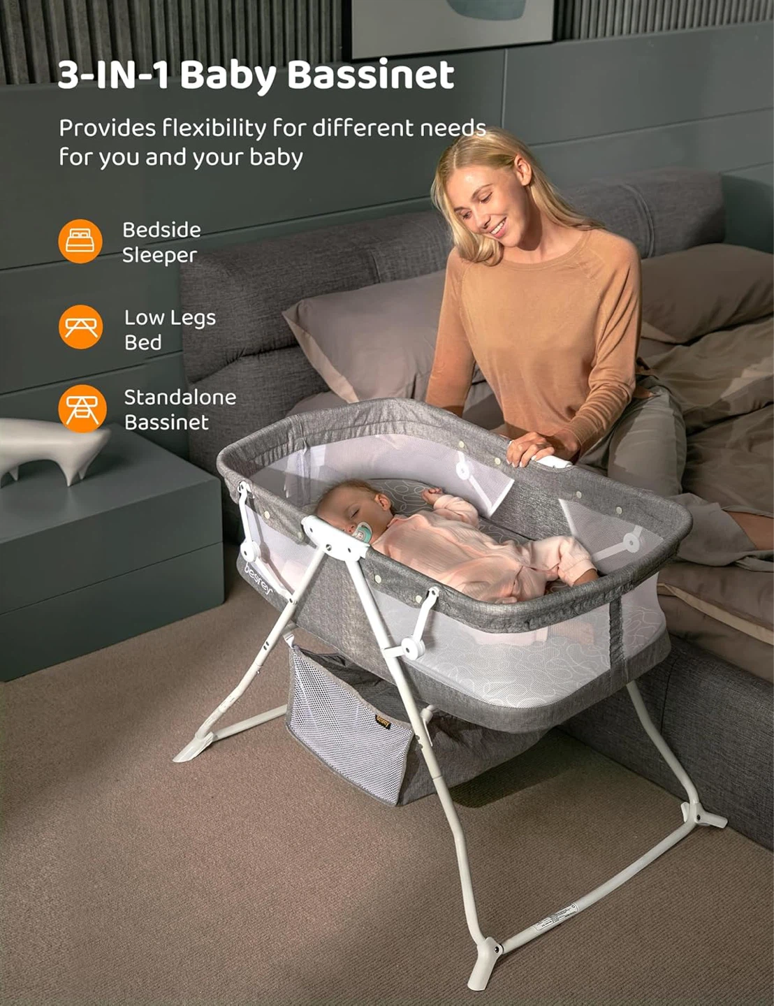 Besrey 3-IN-1 Baby Bassinet - Foldable, Portable - photo 3