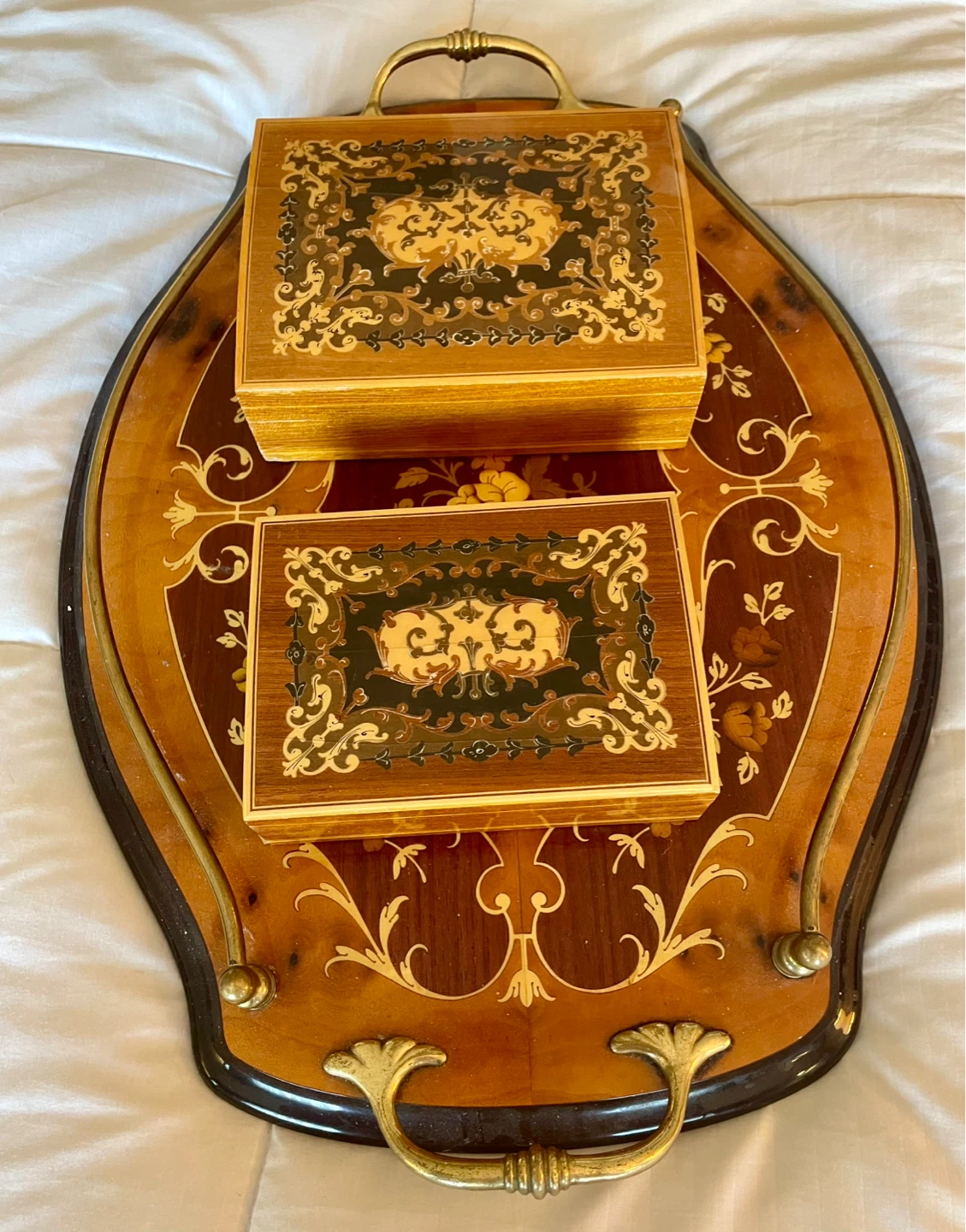 Vintage Italian  Marquetry Serving Tray with Two Boxes