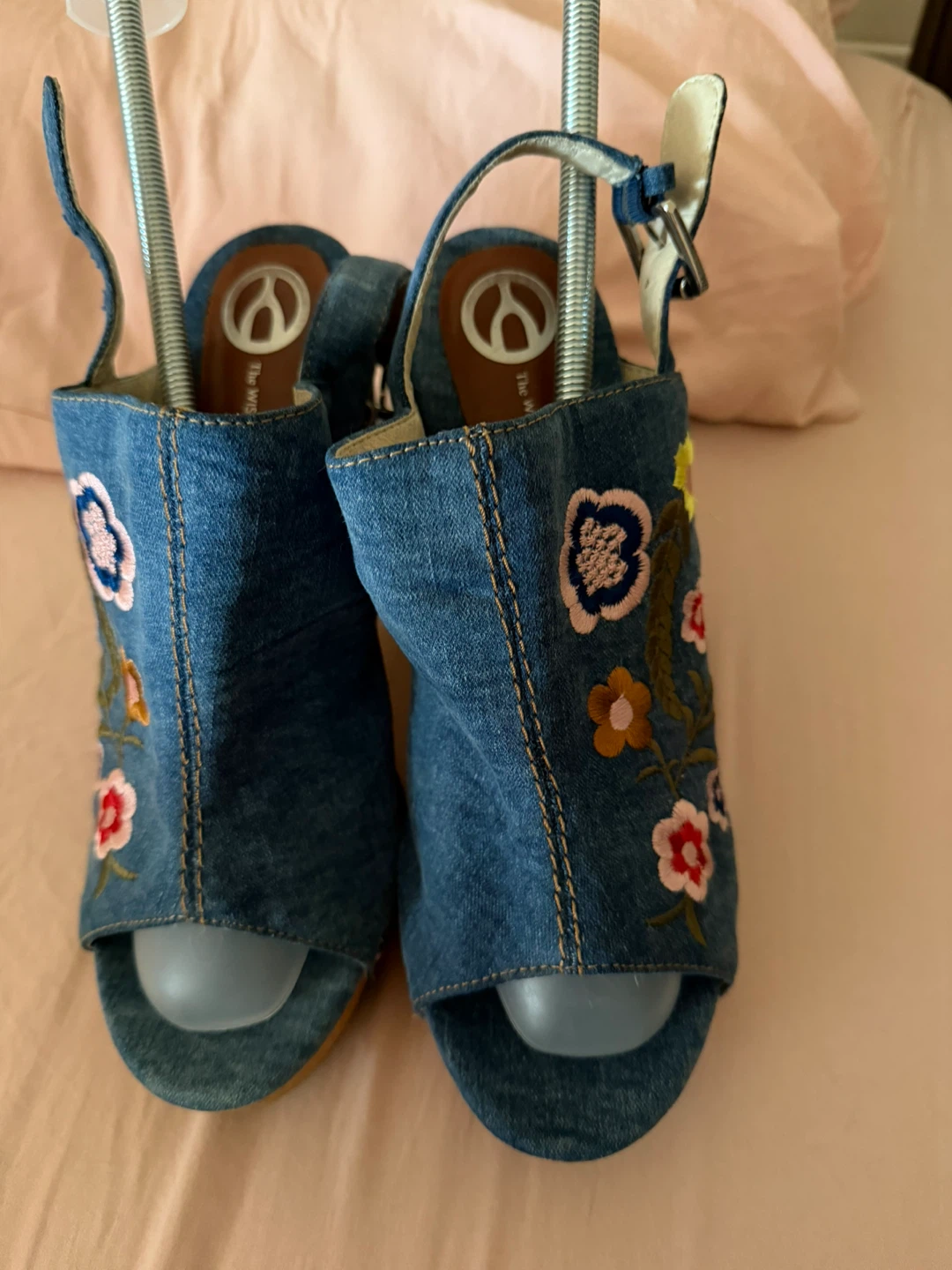Denim Platform Wedge Sandals with Floral Embroidery