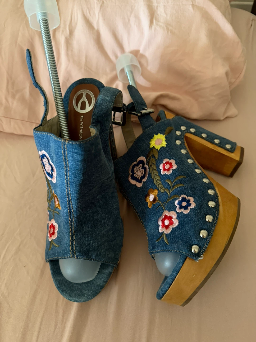 Denim Platform Wedge Sandals with Floral Embroidery - photo 2