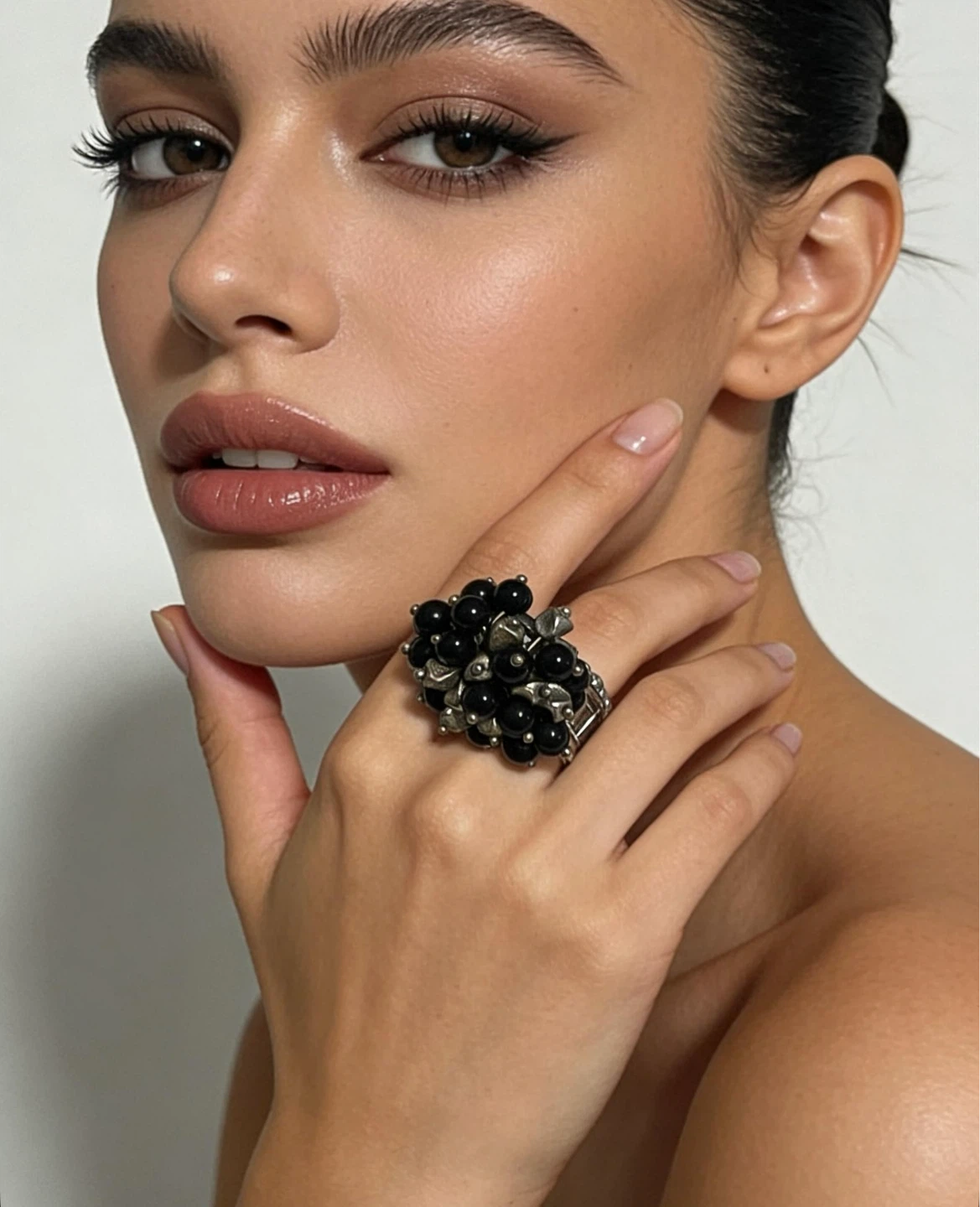 Black Beaded Statement Ring One size