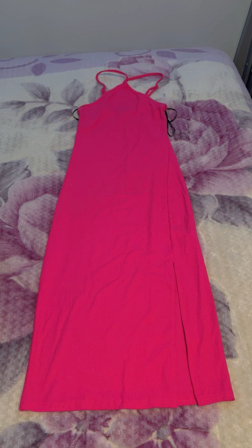 Hot Pink Ribbed Maxi Dress with Side Slit