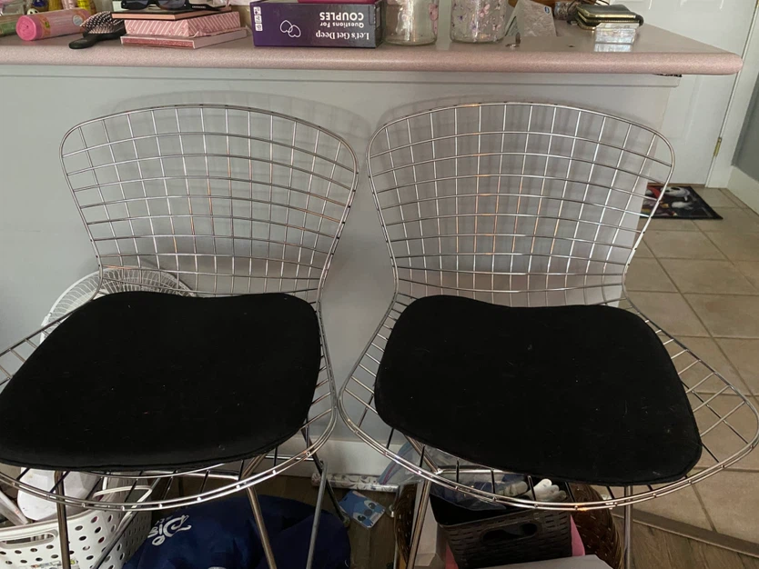 Set of 2 Chrome Wire Bar Stools with Black Cushions