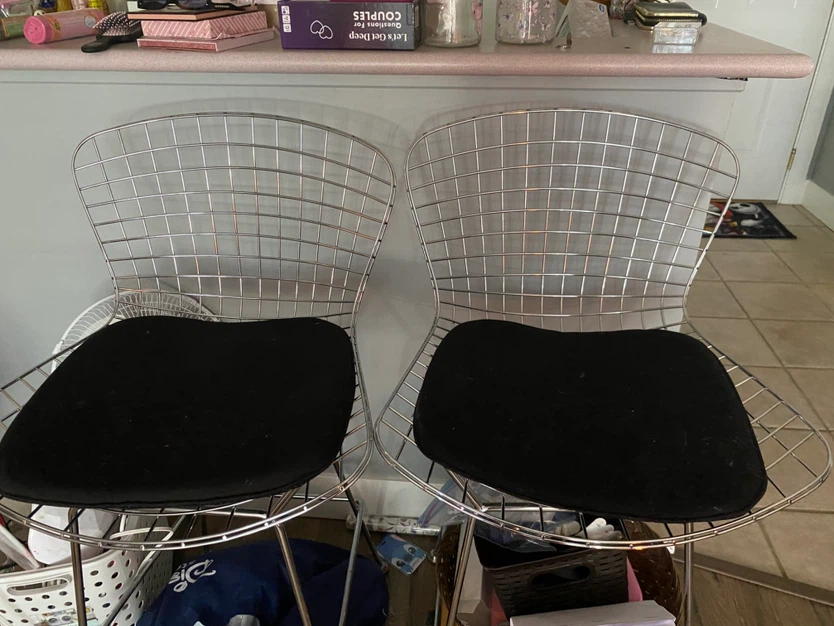 Set of 2 Chrome Wire Bar Stools with Black Cushions - photo 2