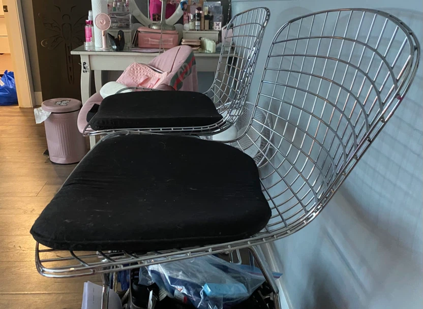 Set of 2 Chrome Wire Bar Stools with Black Cushions - photo 3