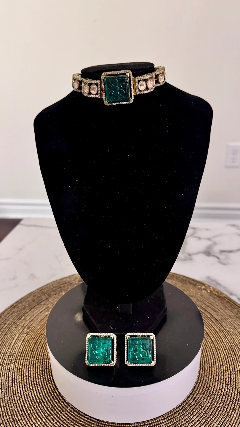 Emerald moissanite Choker Necklace and Earrings Set