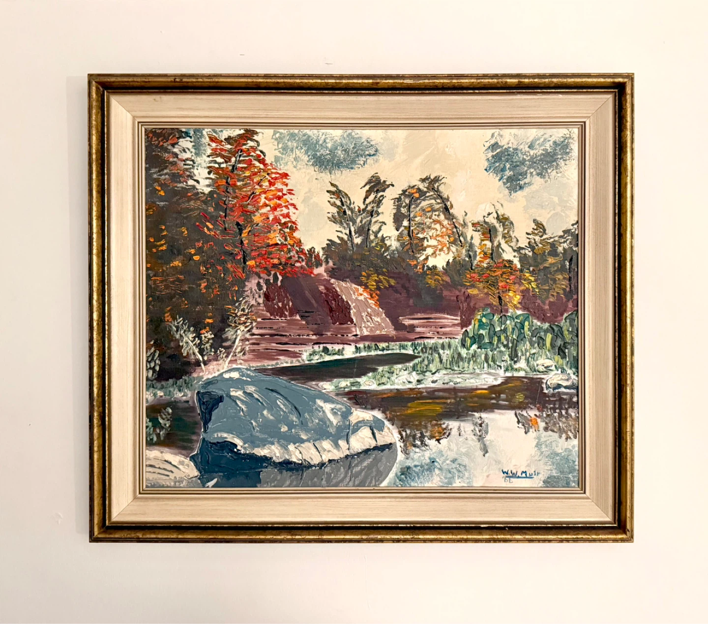 Midcentury abstract landscape painting on board by W.W. Muir