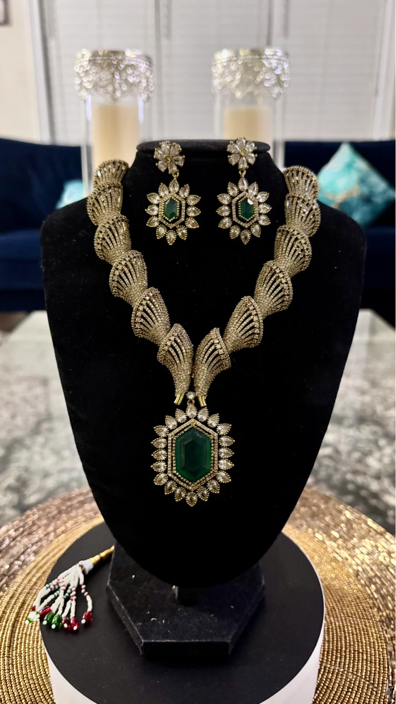 Nano setting Necklace and Earring Set with Green Gemstones