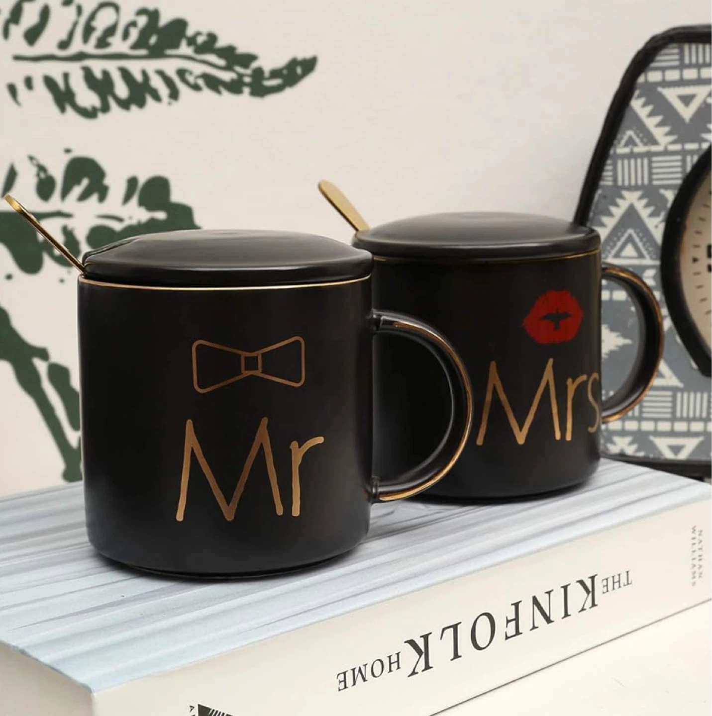 Mr. & Mrs. Ceramic Mug Set with Spoons and Lids