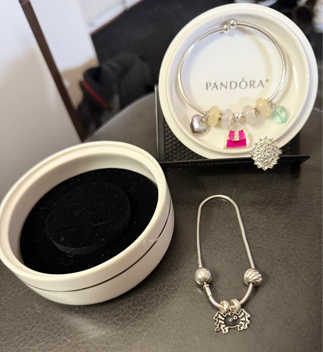 Set of Pandora bracelet, bangle, charms, ring, trinket