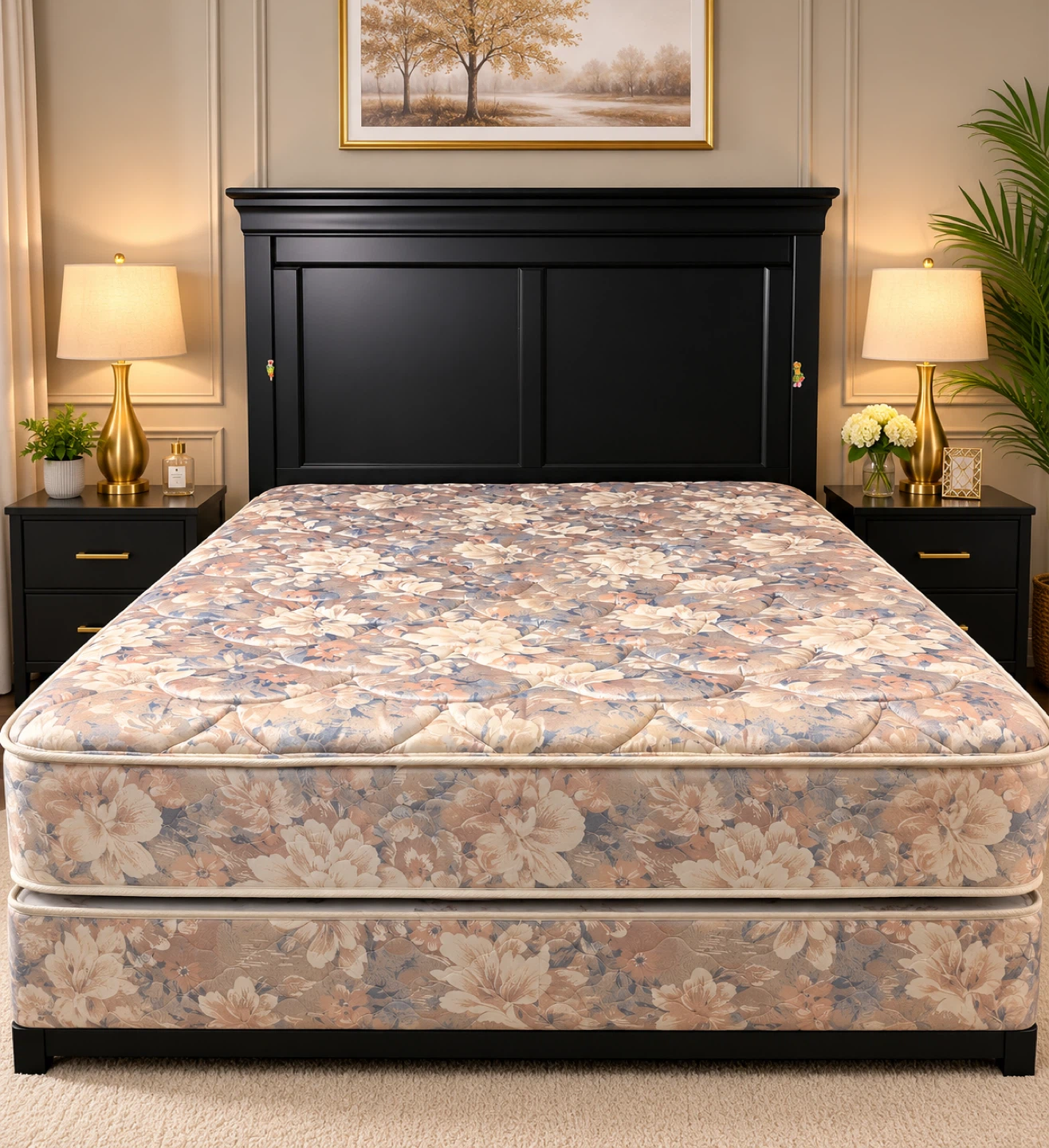Queen Bed Set – Black Wooden Headboard with Mattress, complete