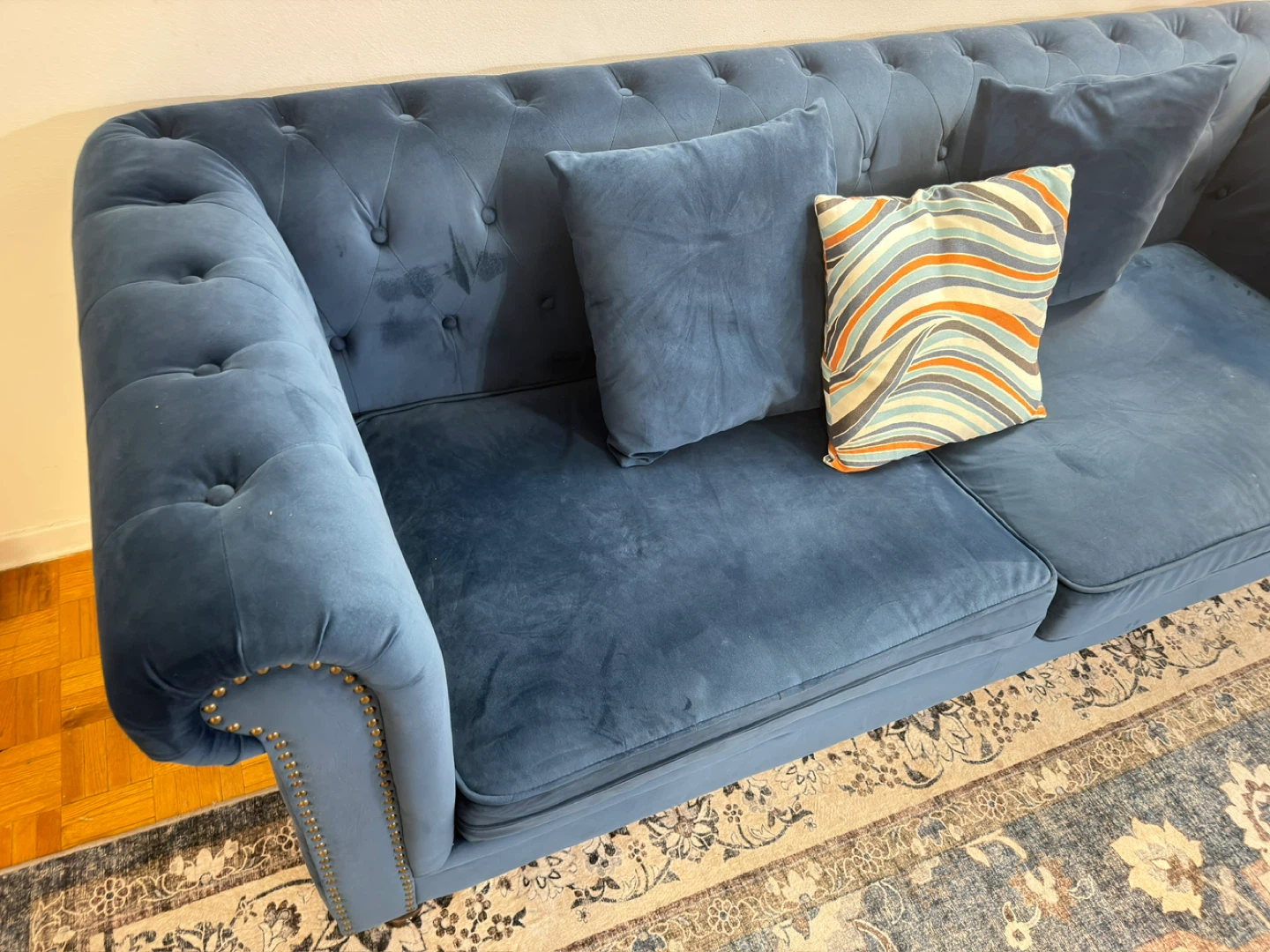 Blue Tufted Sofa with Decorative Pillows - photo 4
