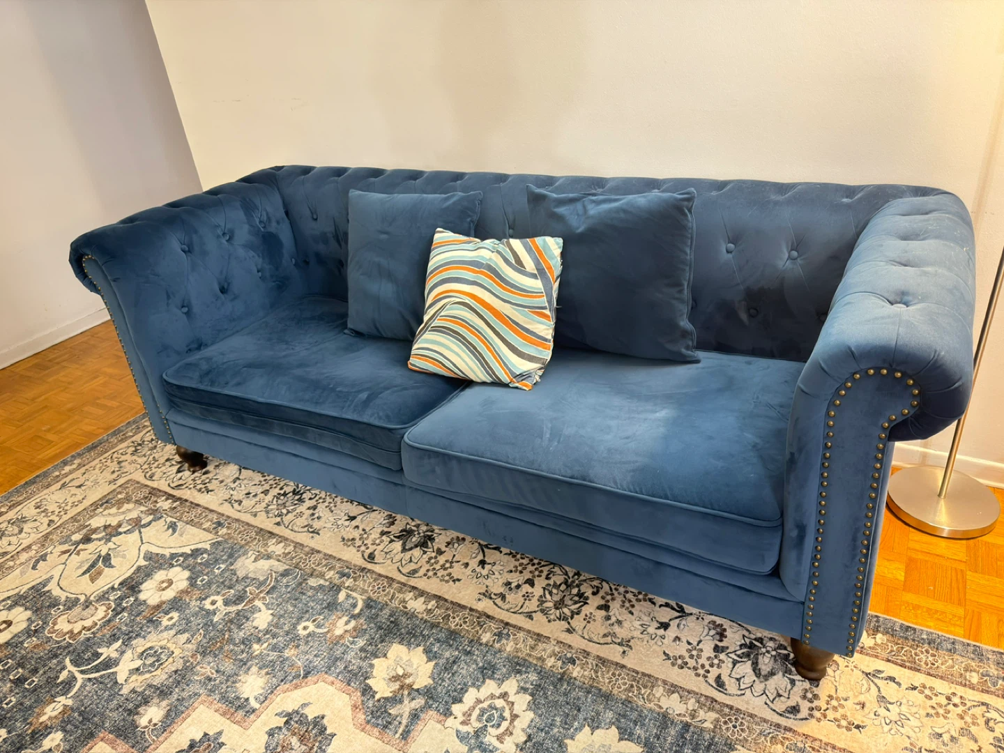 Blue Tufted Sofa with Decorative Pillows - photo 2