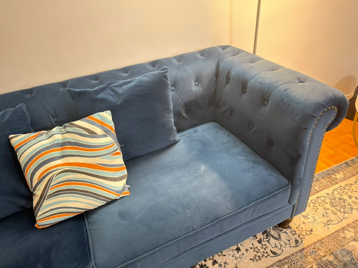 Blue Tufted Sofa with Decorative Pillows - photo 5