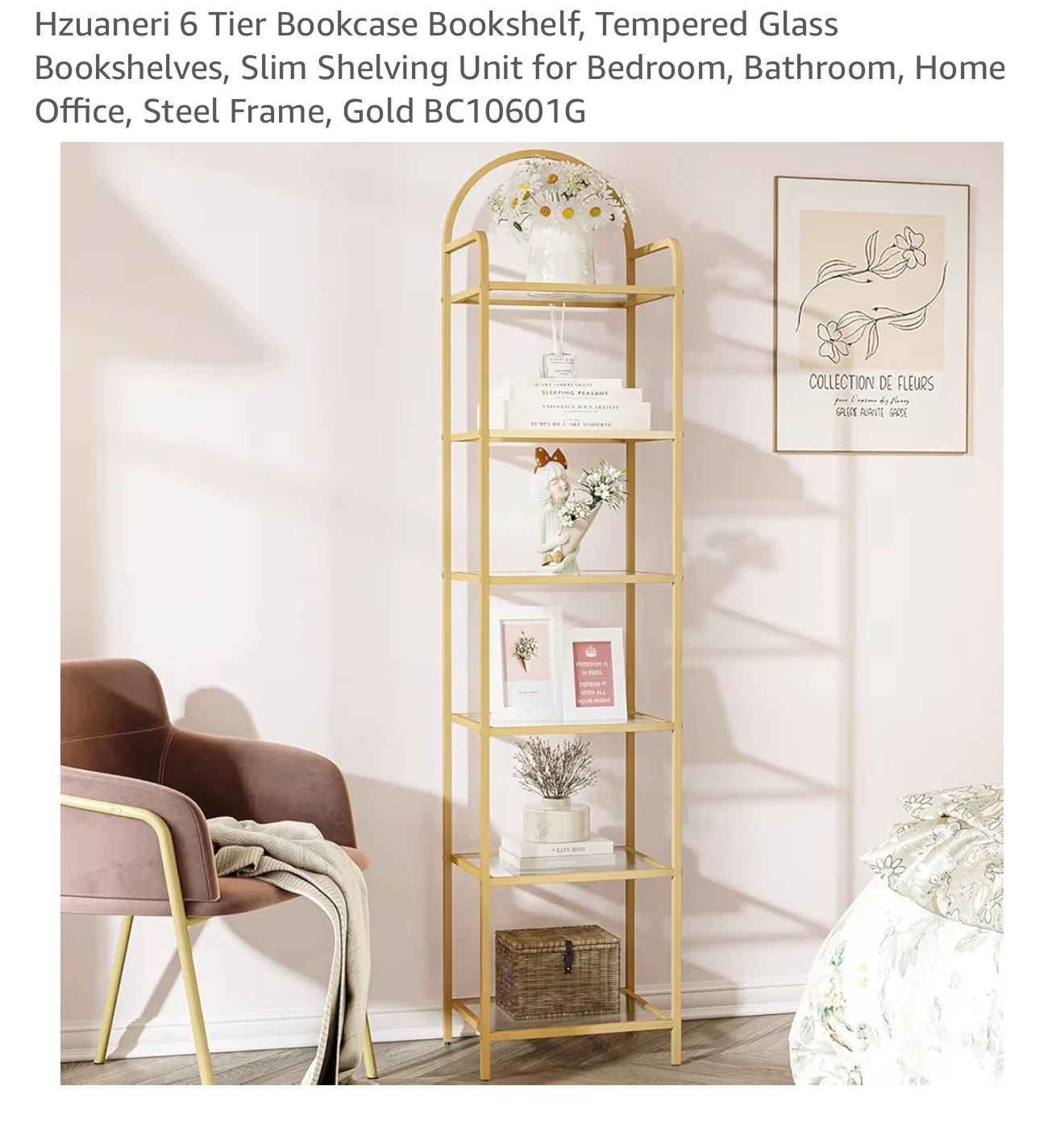 6 Tier Bookcase Shelf - Tempered Glass, Gold 6TG