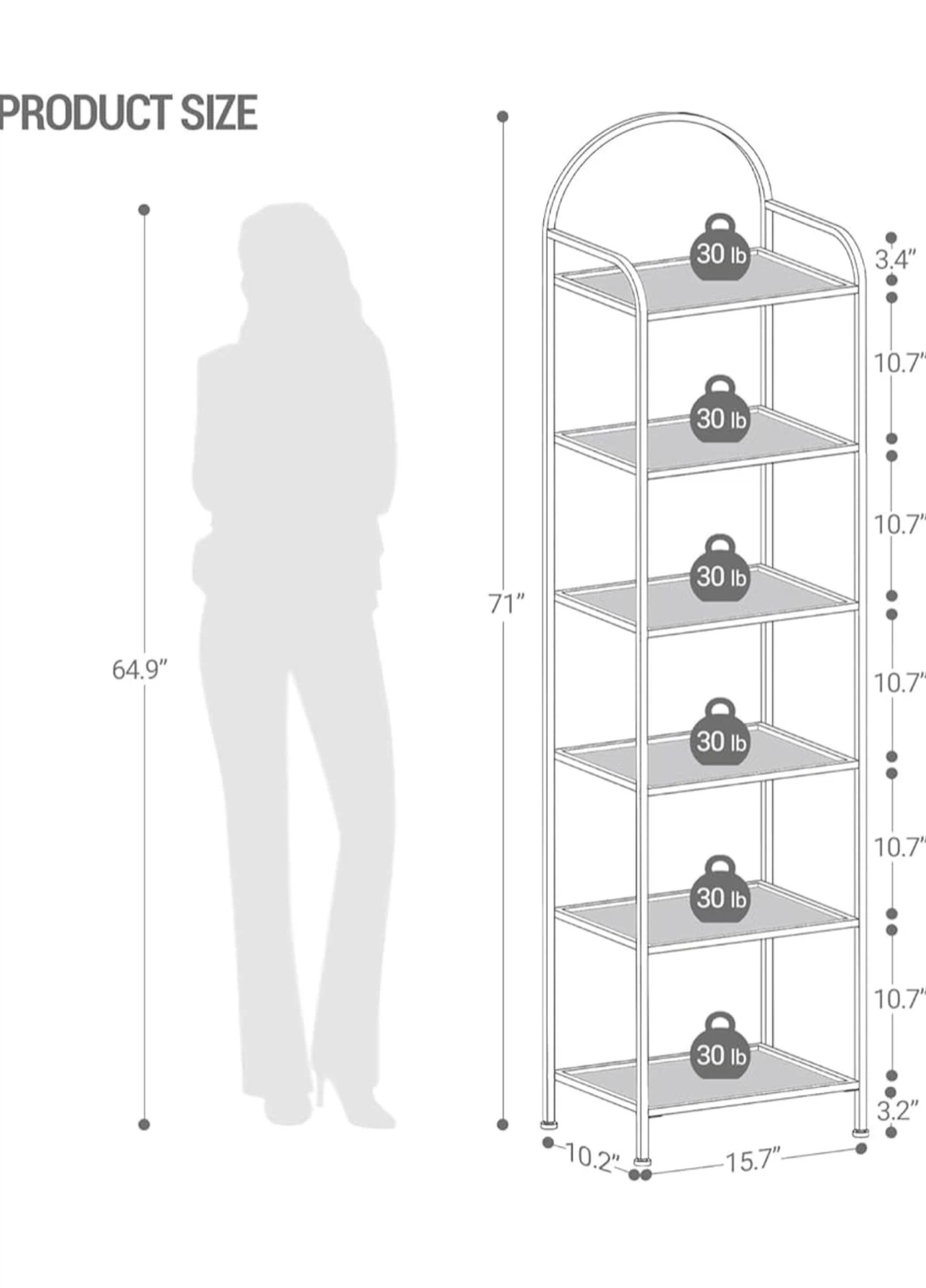 6 Tier Bookcase Shelf - Tempered Glass, Gold 6TG - photo 2