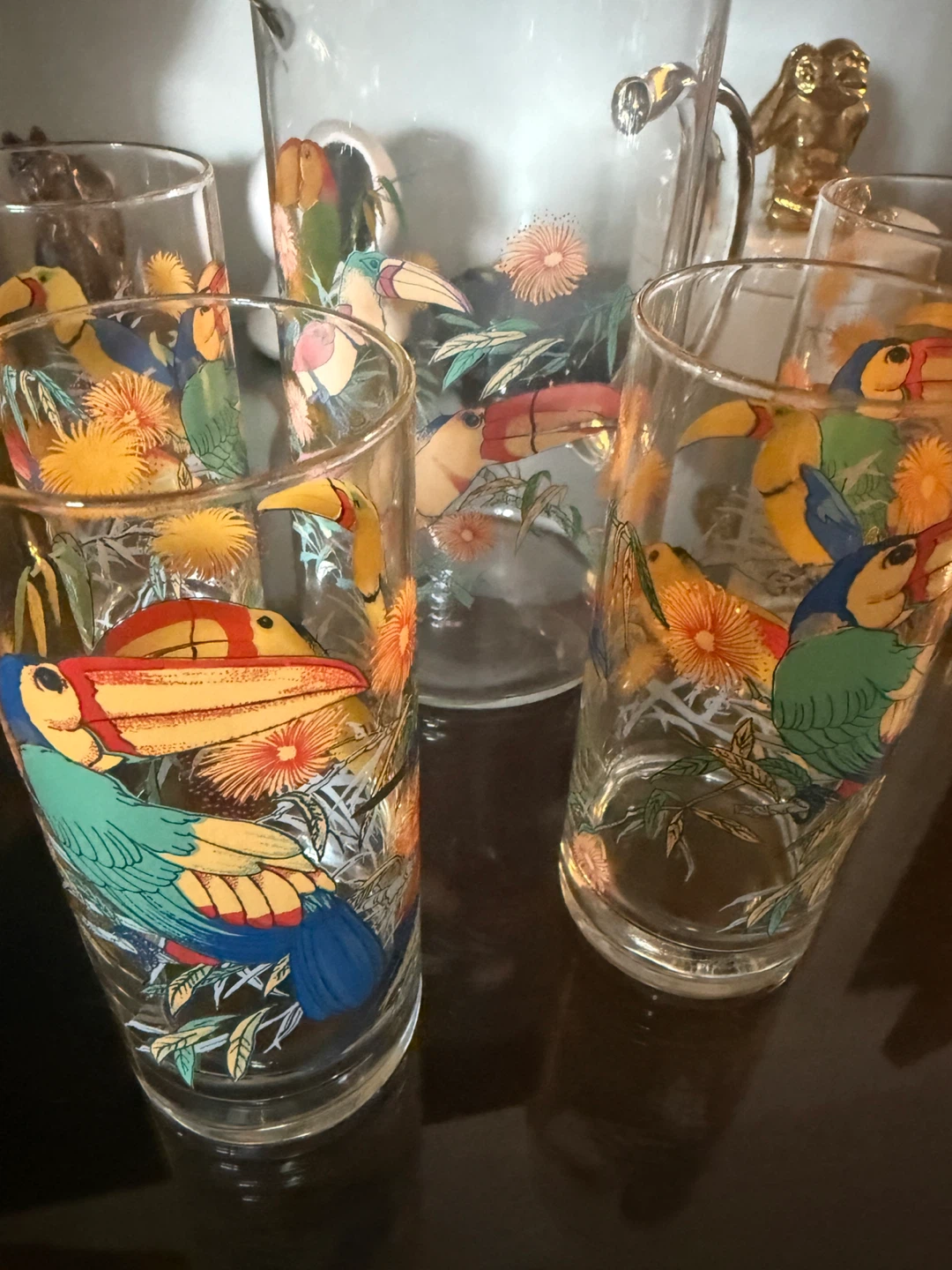 Vintage Tropical Toucan Pitcher and Glass Set