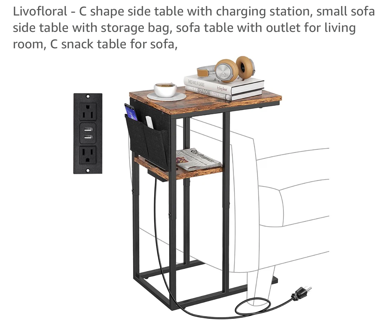 C Shape Side Table with Charging Station LEC