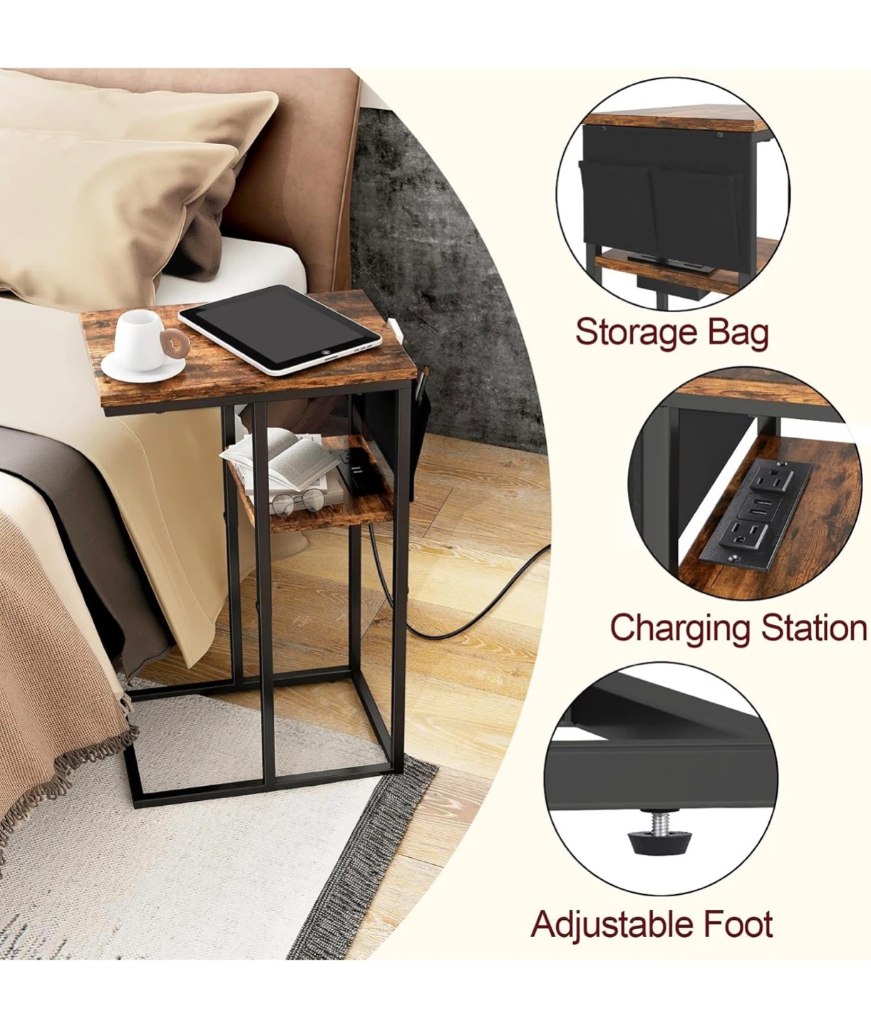 C Shape Side Table with Charging Station LEC - photo 5