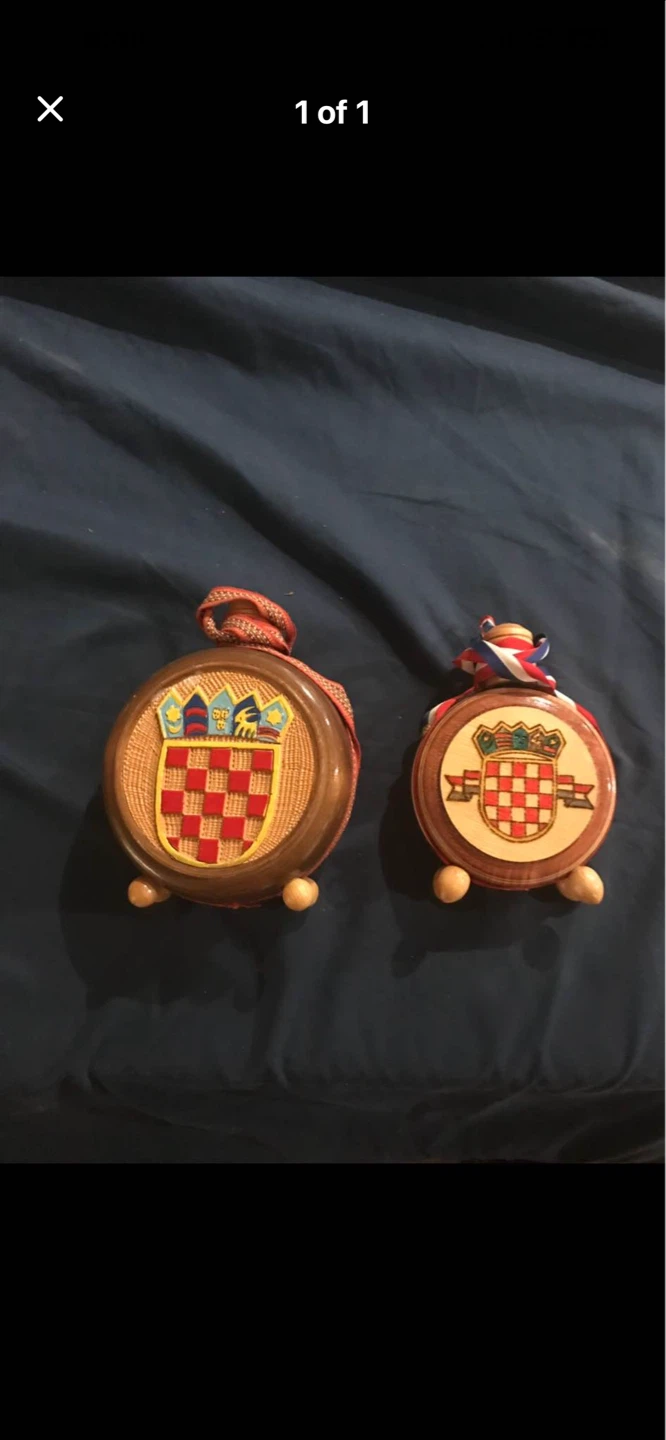 Two Decorative Round Wooden Pieces with Croatian Coat of Arms