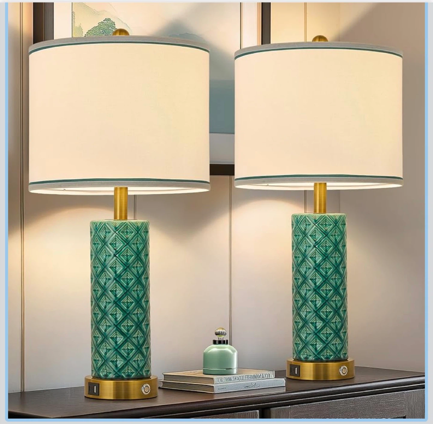 Set of 2 Turquoise Ceramic Touch Lamps with USB Ports – 26" Tall