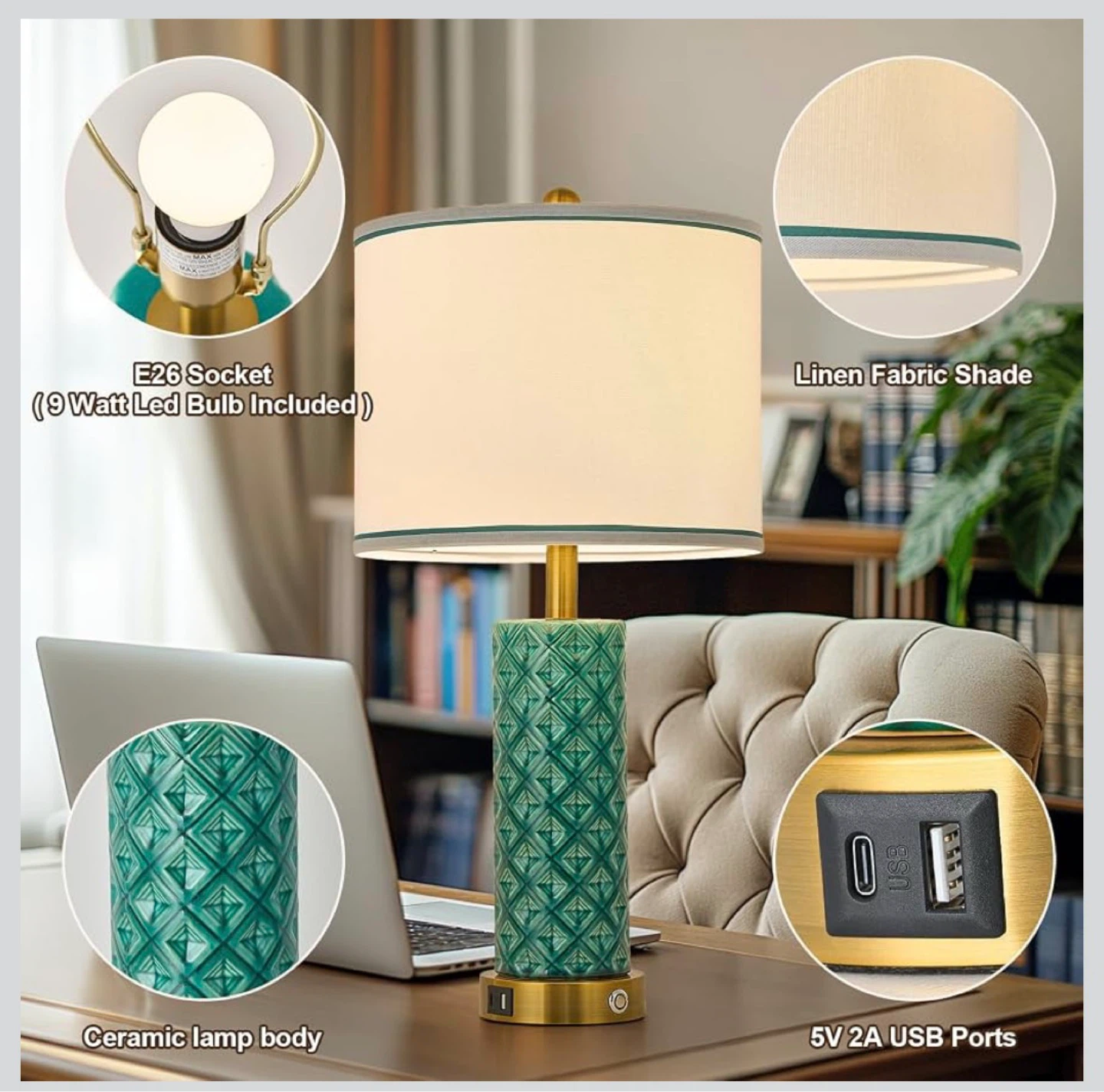 Set of 2 Turquoise Ceramic Touch Lamps with USB Ports – 26" Tall - photo 5