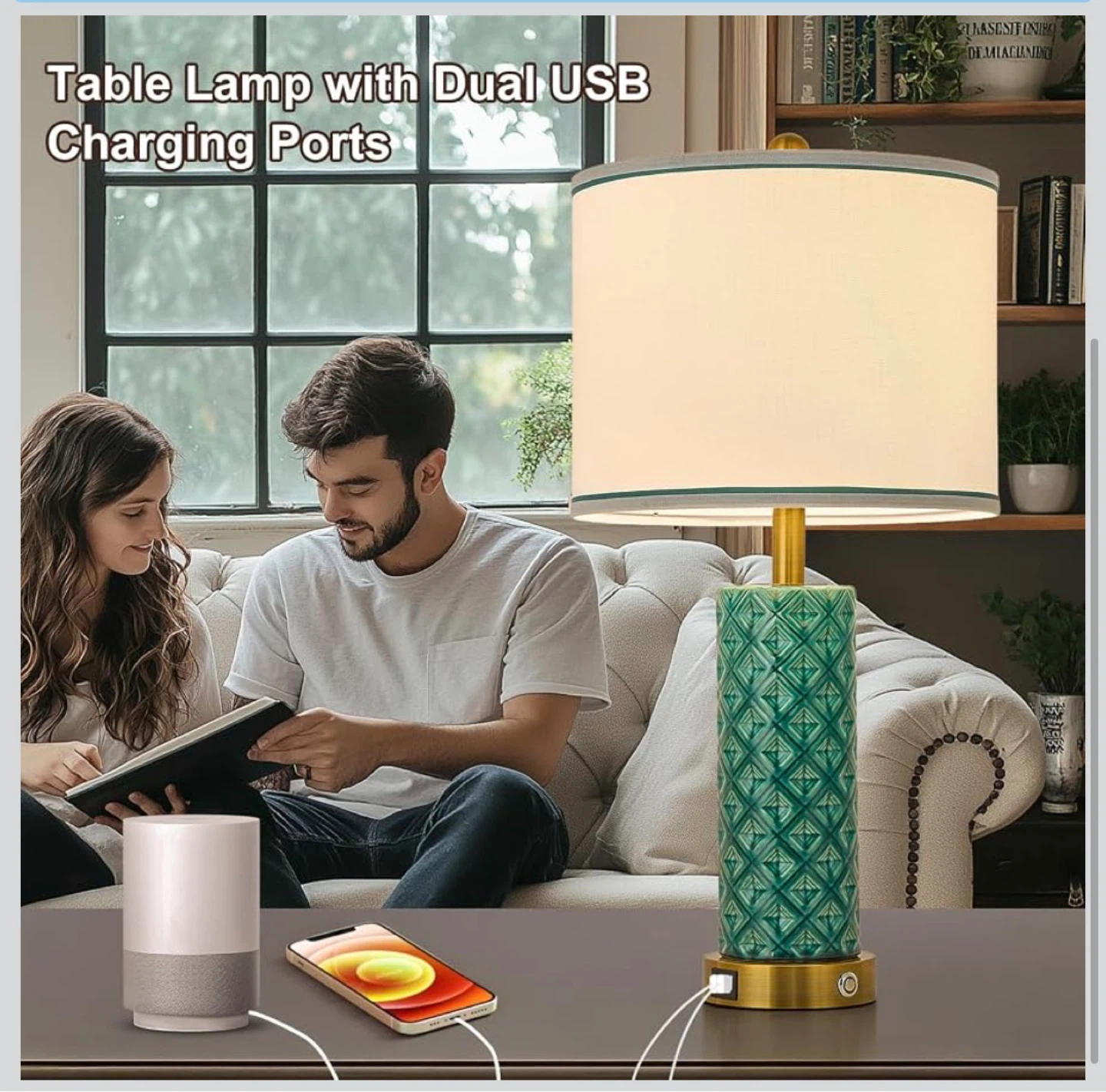 Set of 2 Turquoise Ceramic Touch Lamps with USB Ports – 26" Tall - photo 2