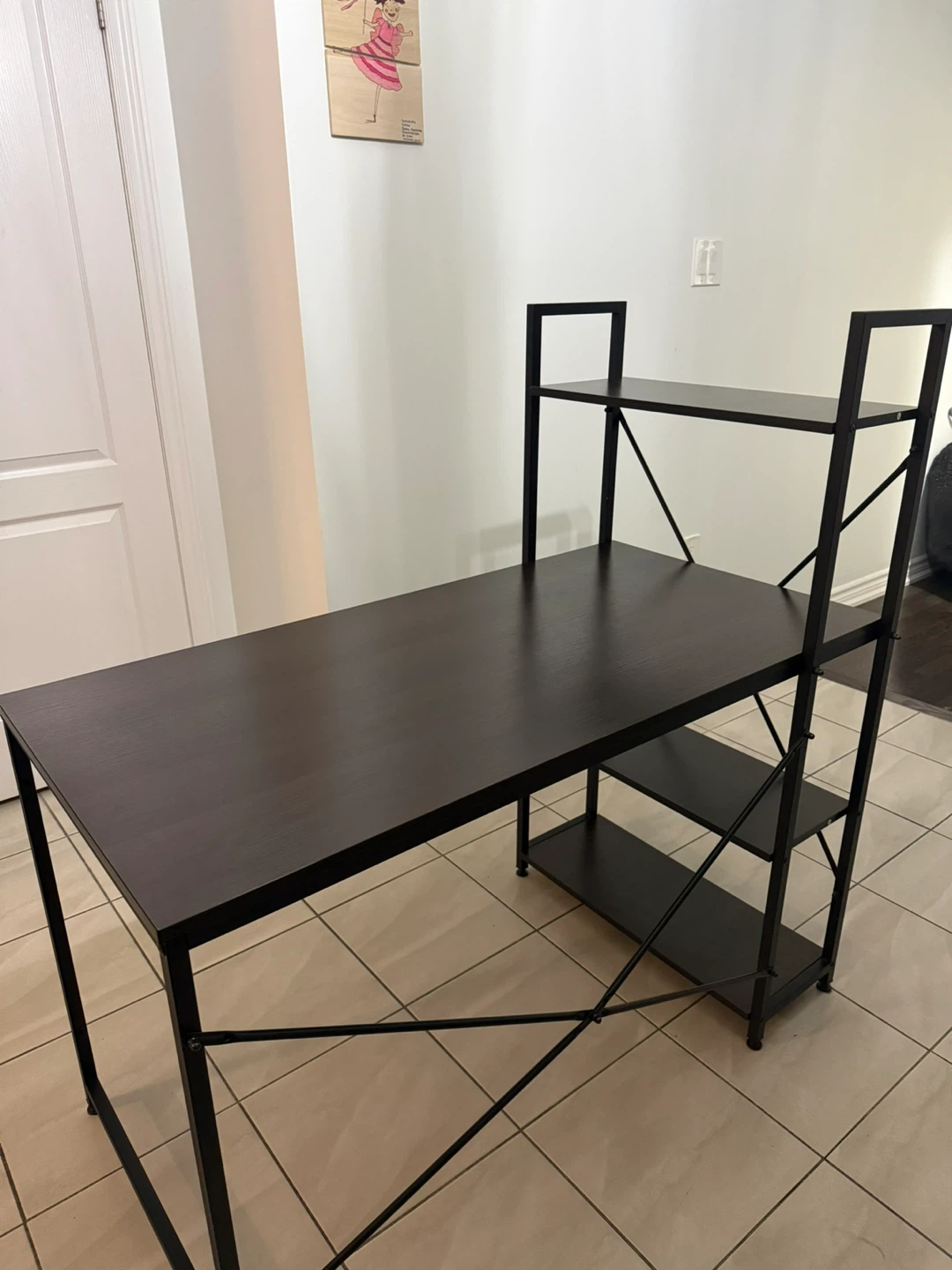 Dark Wood and Metal Office Computer Desk with Shelving