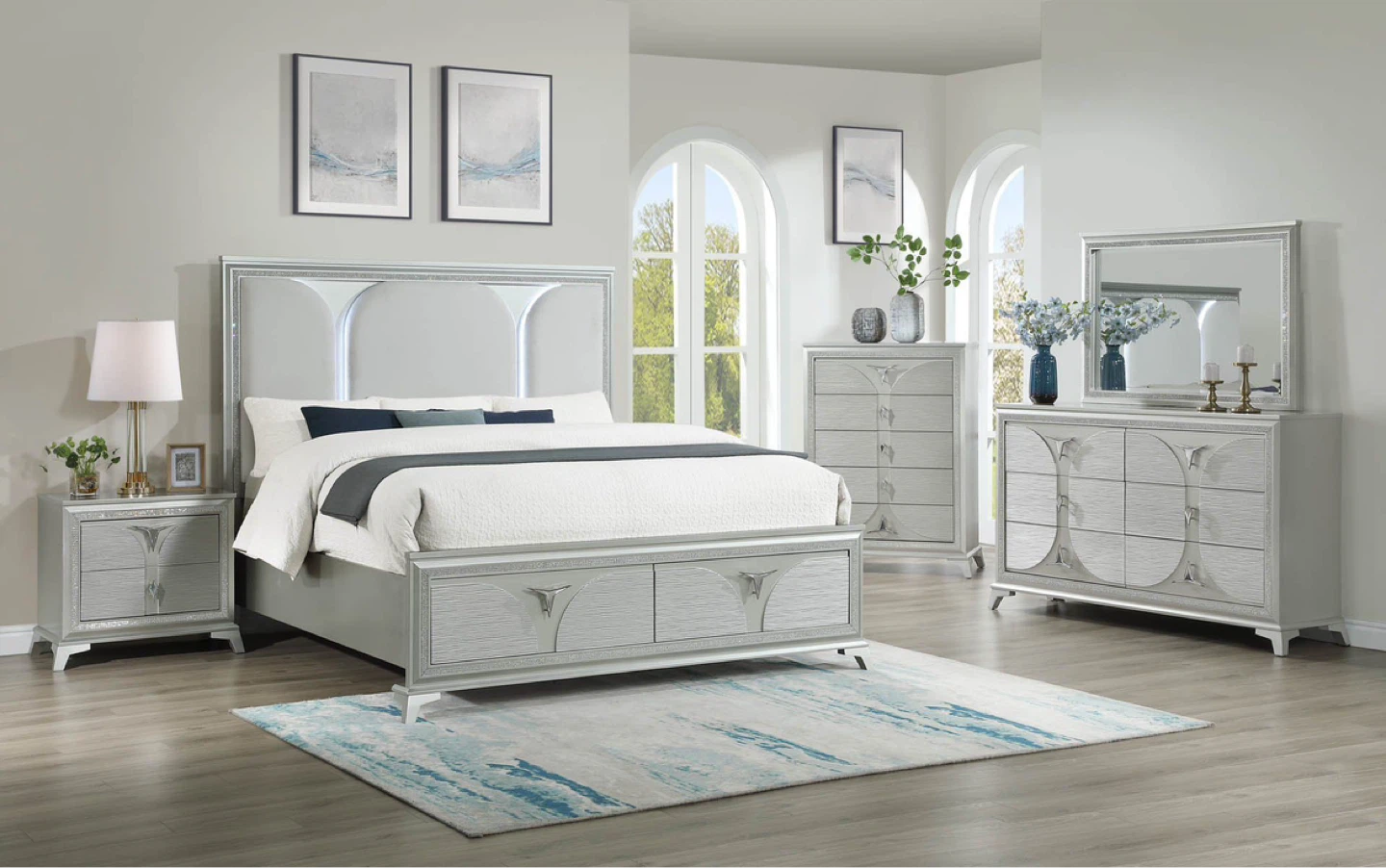 4 piece queen/king set bed frame, dresser, mirror, nightstand