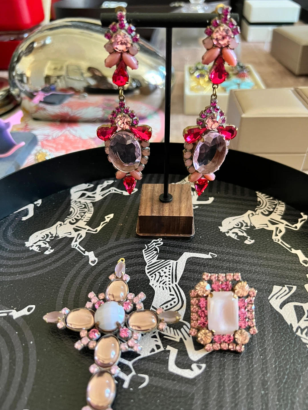 Statement Dangle Earrings, Cross Pendant, and Brooch Set