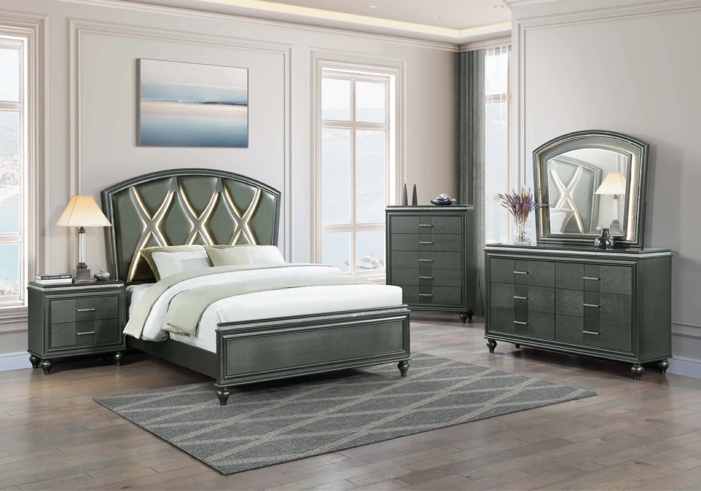 4 piece queen/king set bed frame, dresser, mirror, nightstand