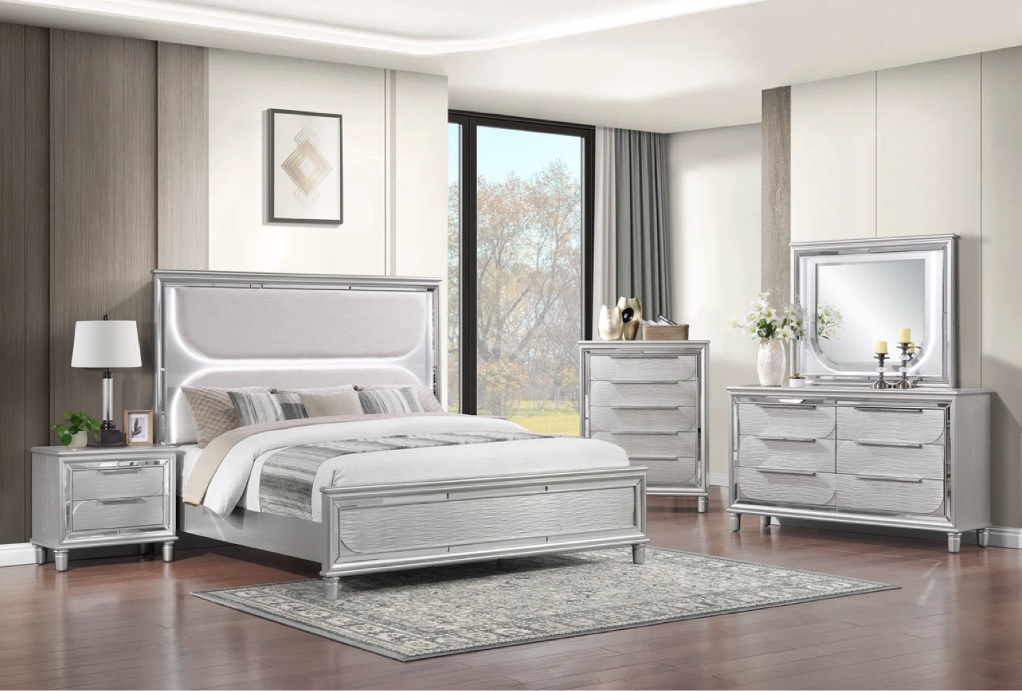 4 piece queen/king set bed frame, dresser, mirror, nightstand