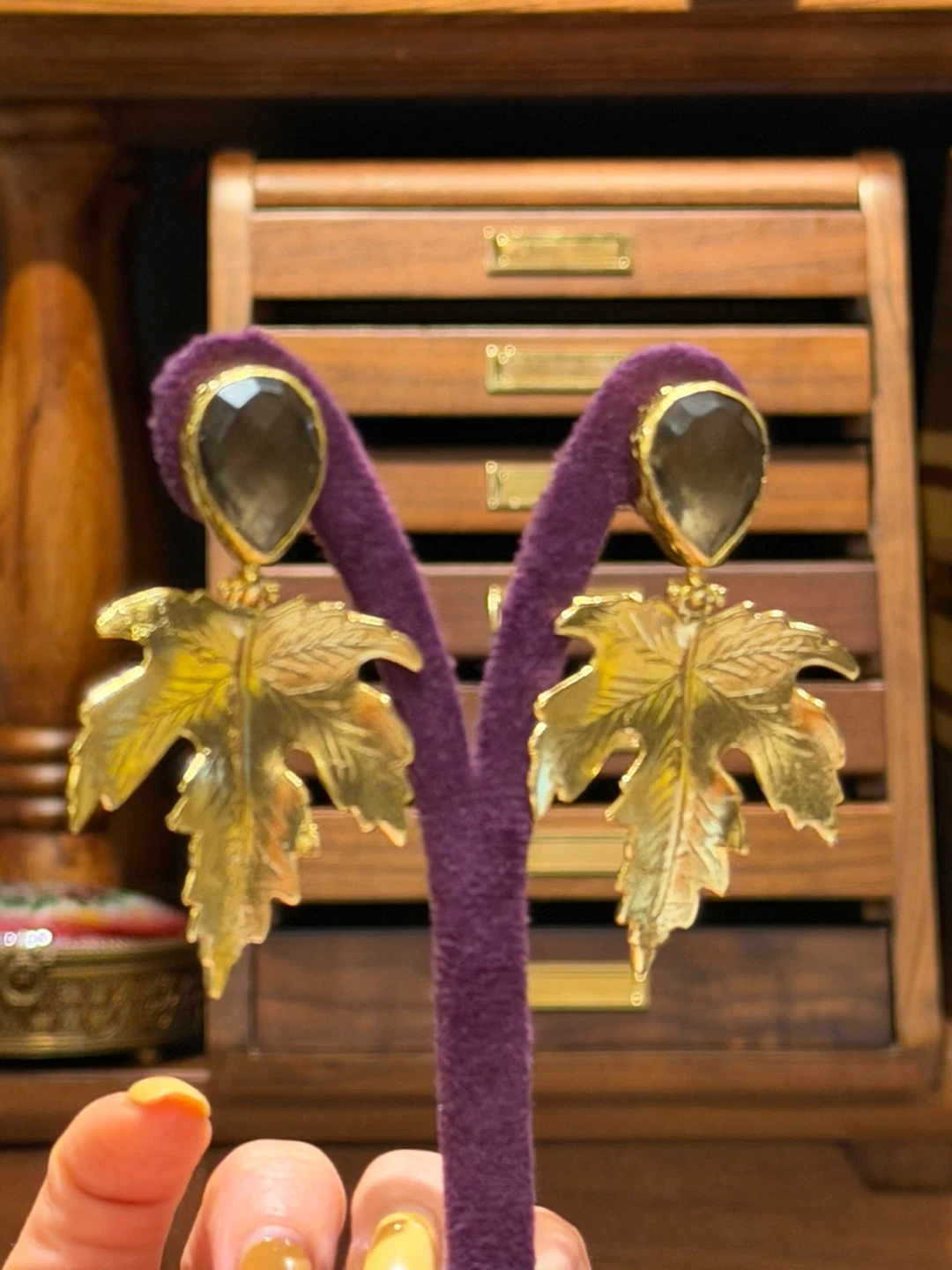 Gold Leaf Earrings with Smoky Quartz