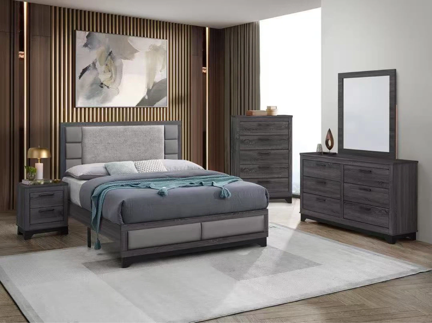 4 piece queen/king set bed frame, dresser, mirror, nightstand