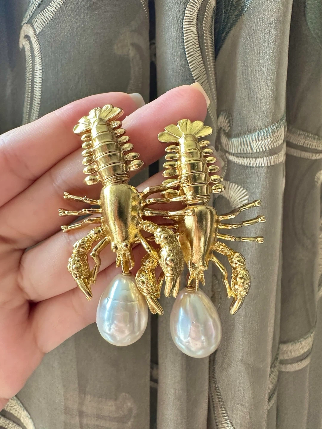 Gold Lobster Earrings with Pearls