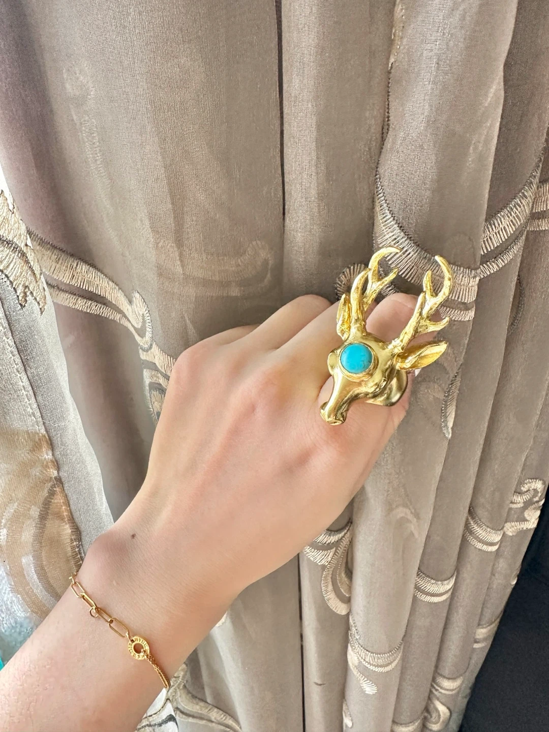 Gold Stag Ring with Turquoise Accent
