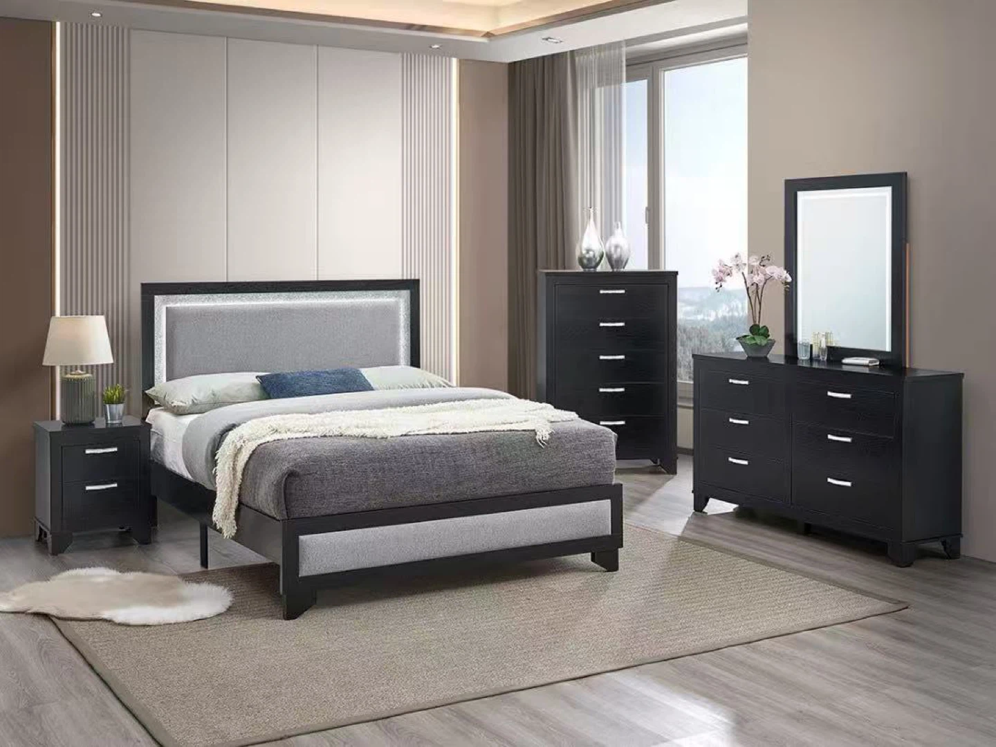 4 piece queen/king set bed frame, dresser, mirror, nightstand
