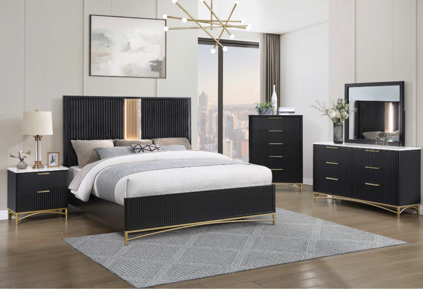 4 piece queen/king set bed frame, dresser, mirror, nightstand