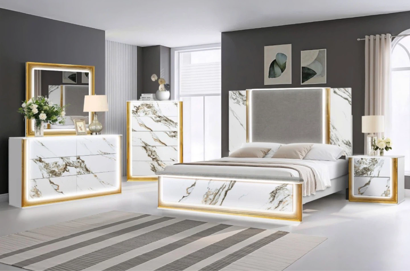 4 piece queen/king set bed frame, dresser, mirror, nightstand