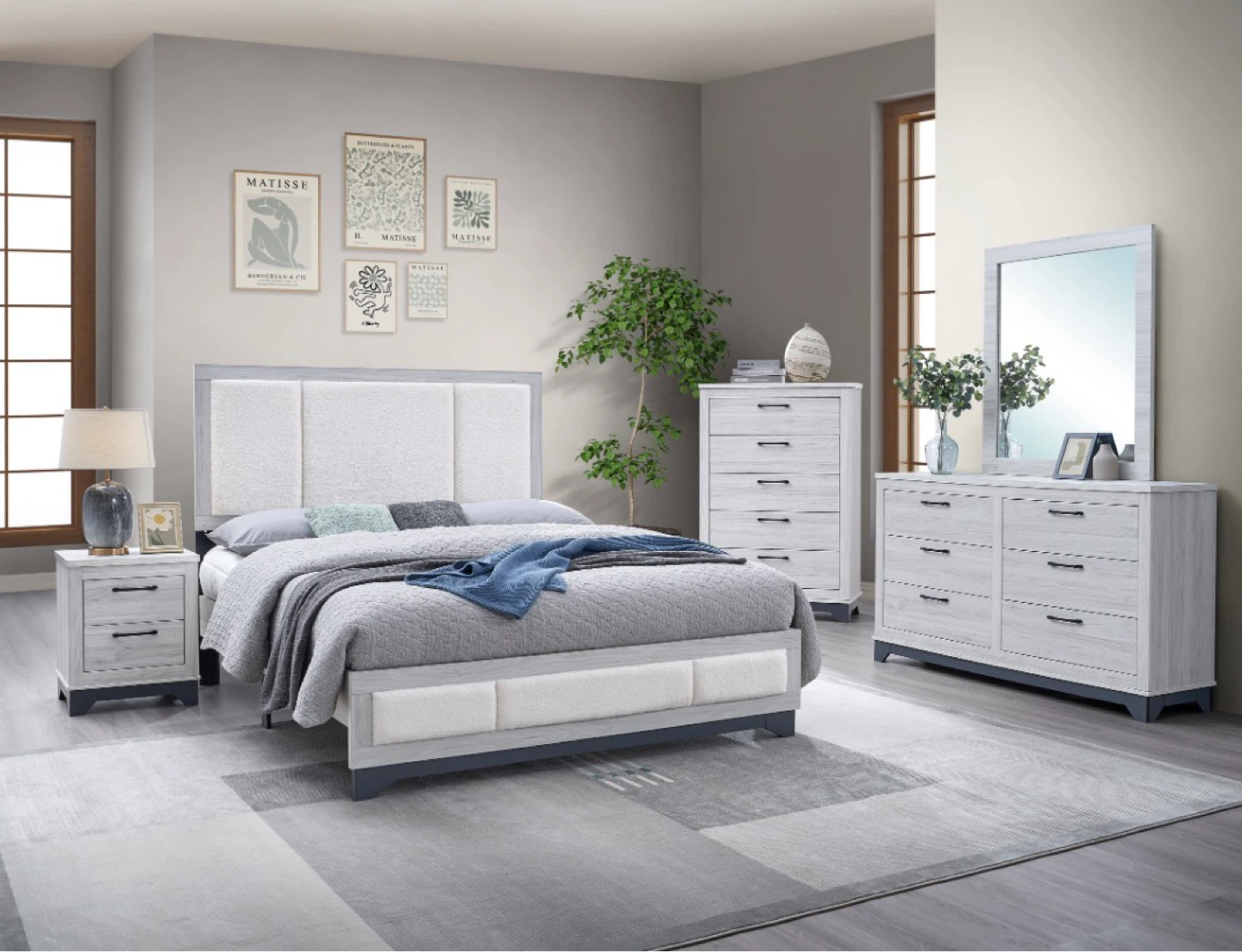 4 piece queen/king set bed frame, dresser, mirror, nightstand