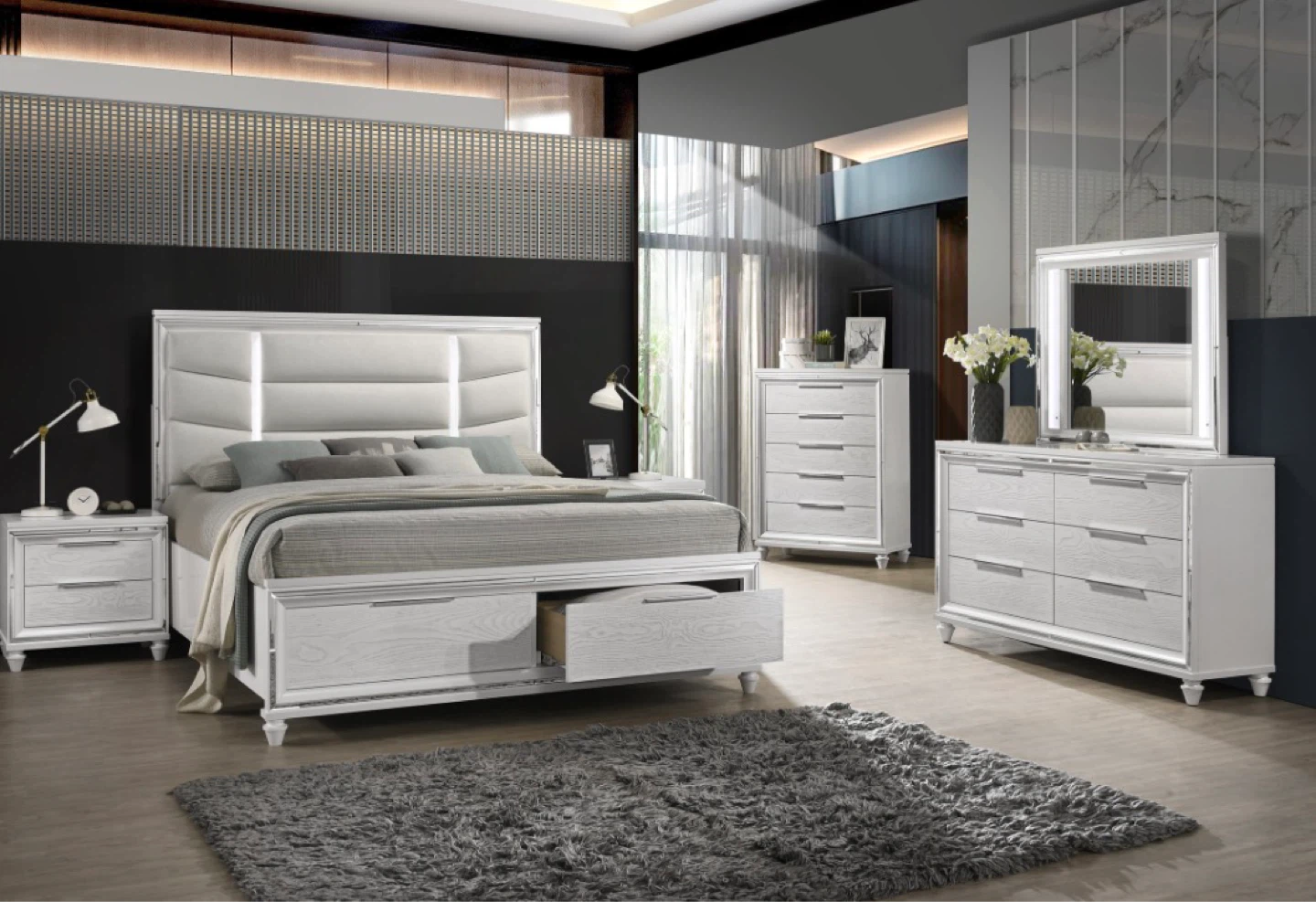 4 piece queen/king set bed frame, dresser, mirror, nightstand