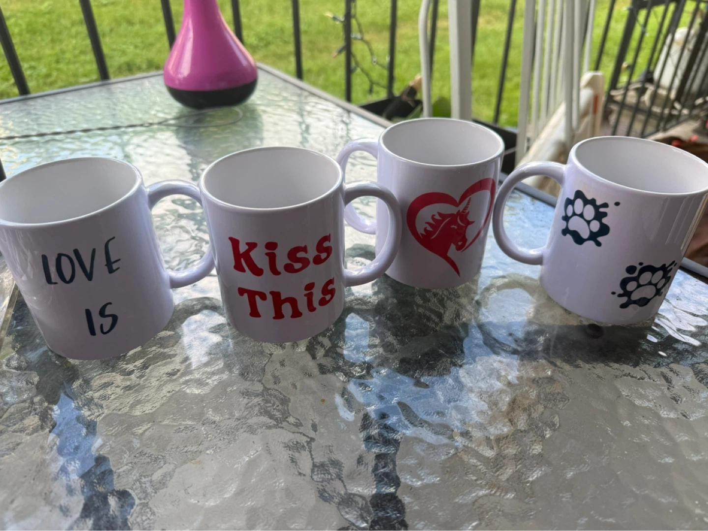 Set of 4 Novelty Mugs - Love Is, Kiss This, Unicorn, Paw Prints