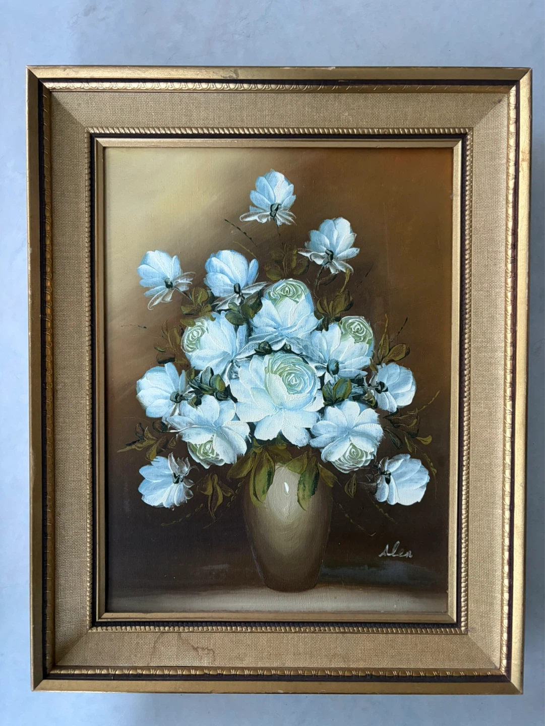 Framed Oil Painting of Blue and White Flowers