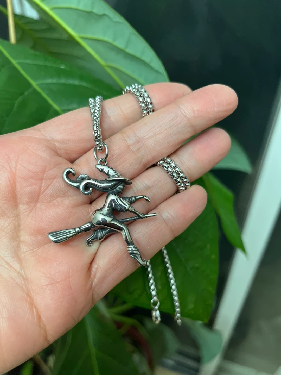 Witch on Broom Pendant Necklace