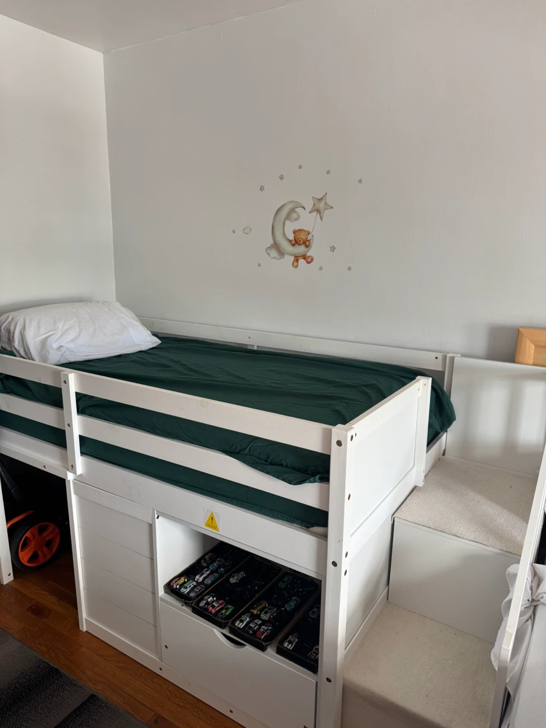 White Twin Loft Bed with Storage Stairs