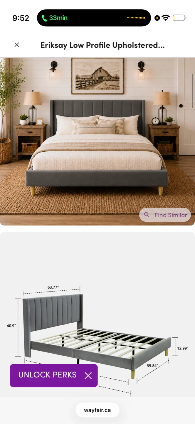 Eriksay Low Profile Upholstered Bed Frame - Grey